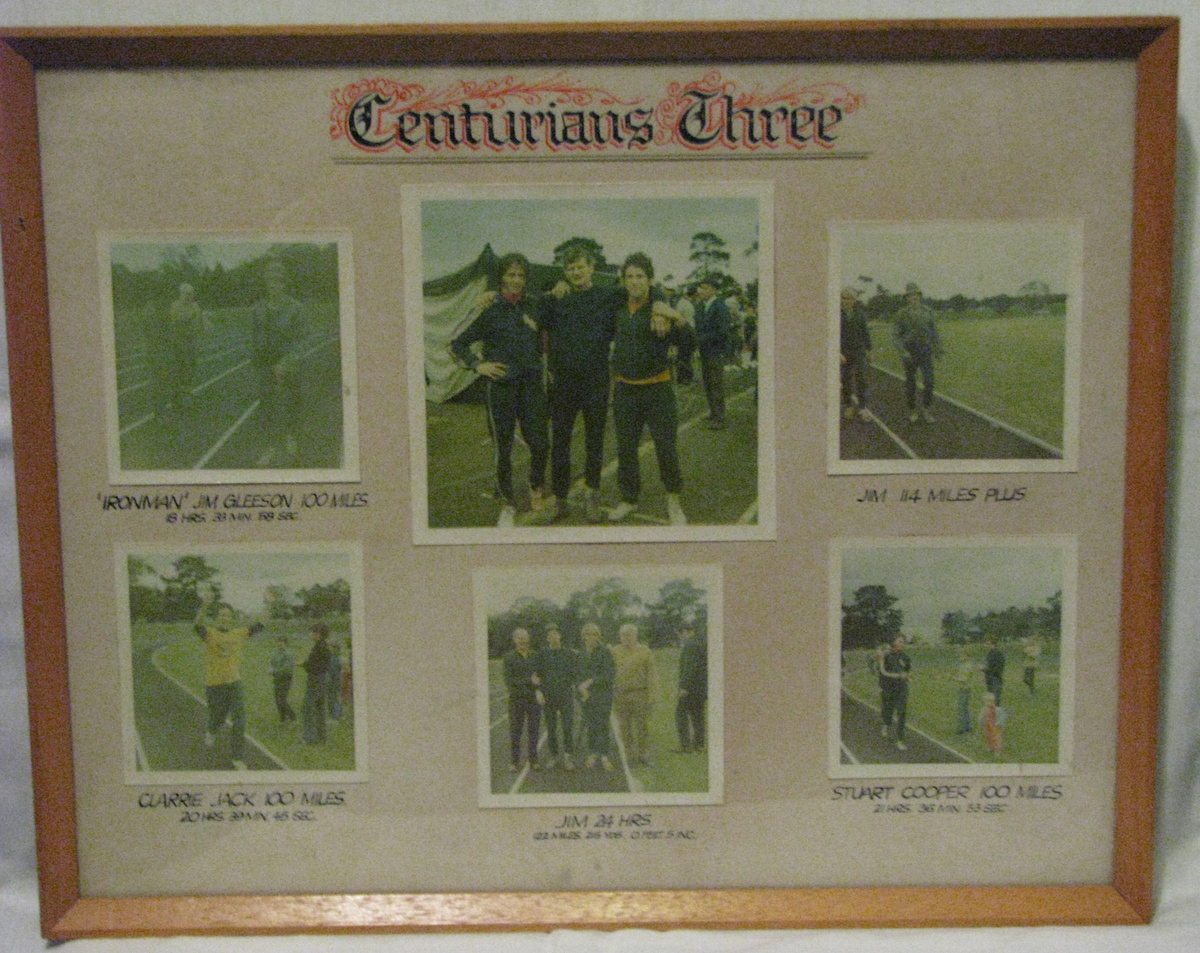 1971 Centurion Event, Preston, Victoria
 This collage captures the key moments of the 1971 Centurions 24 Hour Walk which was held at the Edwards Lake Athletics Track in Preston. It saw 3 new centurions - Jim Gleeson (C 3), Clarrie Jack (C 4) and Stuart Cooper (C 5). It was made up and presented to the club by Victorian walker Varel Newmark.

