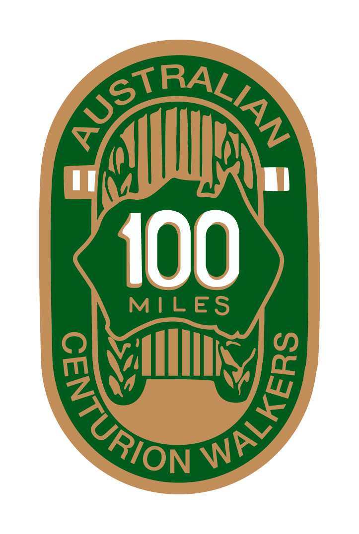 The Australian Centurions Badge
Those walkers who complete 100 miles in our centurion qualifying event are awarded an Australian Centurion badge. For their first successful completion, the badge is numbered. For subsequent centurion efforts, they receive an unnumbered badge. Each Centurion club around the work has its own unique badge and many walkers try to collect as many as they can - but it is not an easy ask! 

