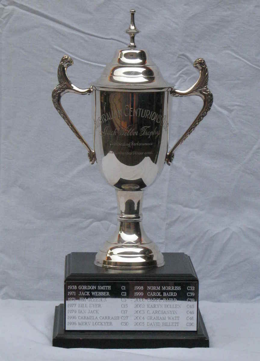 The Jack Webber Trophy
When Jack Webber (C 2) died in 1998, it was felt that we should institute a trophy in recognition of his great contribution to the Australian Centurions. Donations were forthcoming and a new trophy  The Jack Webber Trophy was instituted. The trophy may be awarded annually for the best performance during the Australian Centurions 24 Hour event. 

