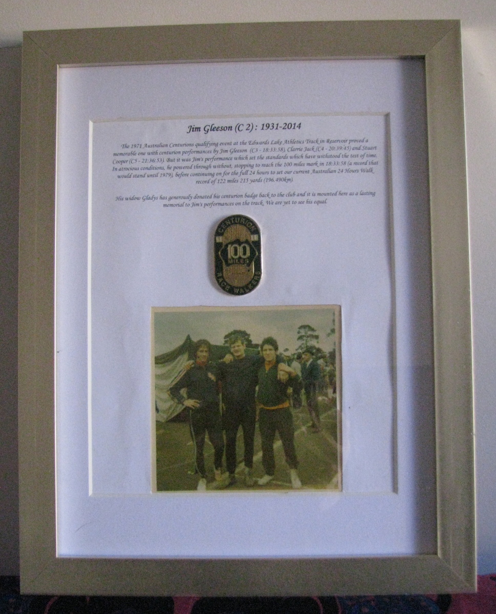 1971 - Jim Gleeson's Centurion Badge
The 1971 Australian Centurions qualifying event at the Edwards Lake Athletics Track in Reservoir proved a memorable one with centurion performances by Jim Gleeson, Clarrie Jack and Stuart Cooper. But it was Jim's performance which set the standards which have withstood the test of time. In atrocious conditions, he powered through without stopping to reach the 100 miles mark in 18:33:58 (a record that would stand until 1979) before continuing on for the full 24 hours to 
